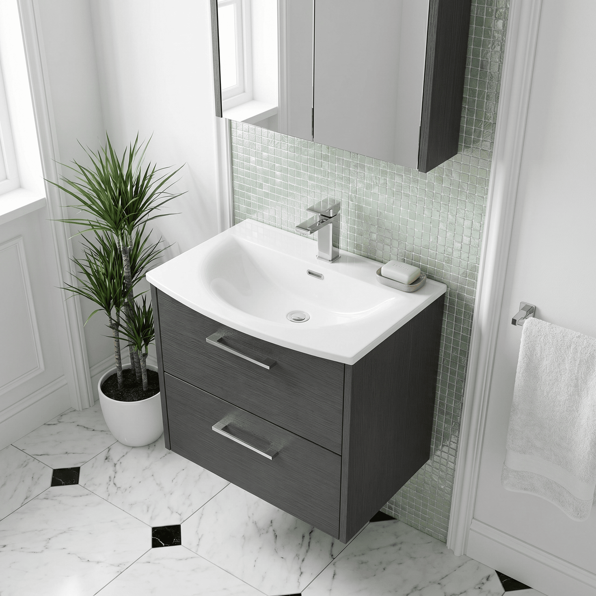 [BFPF2224G] Winshill Contemporary 2 Drawer Wall Hung Vanity Unit with Curved Basin, Choice of Colour