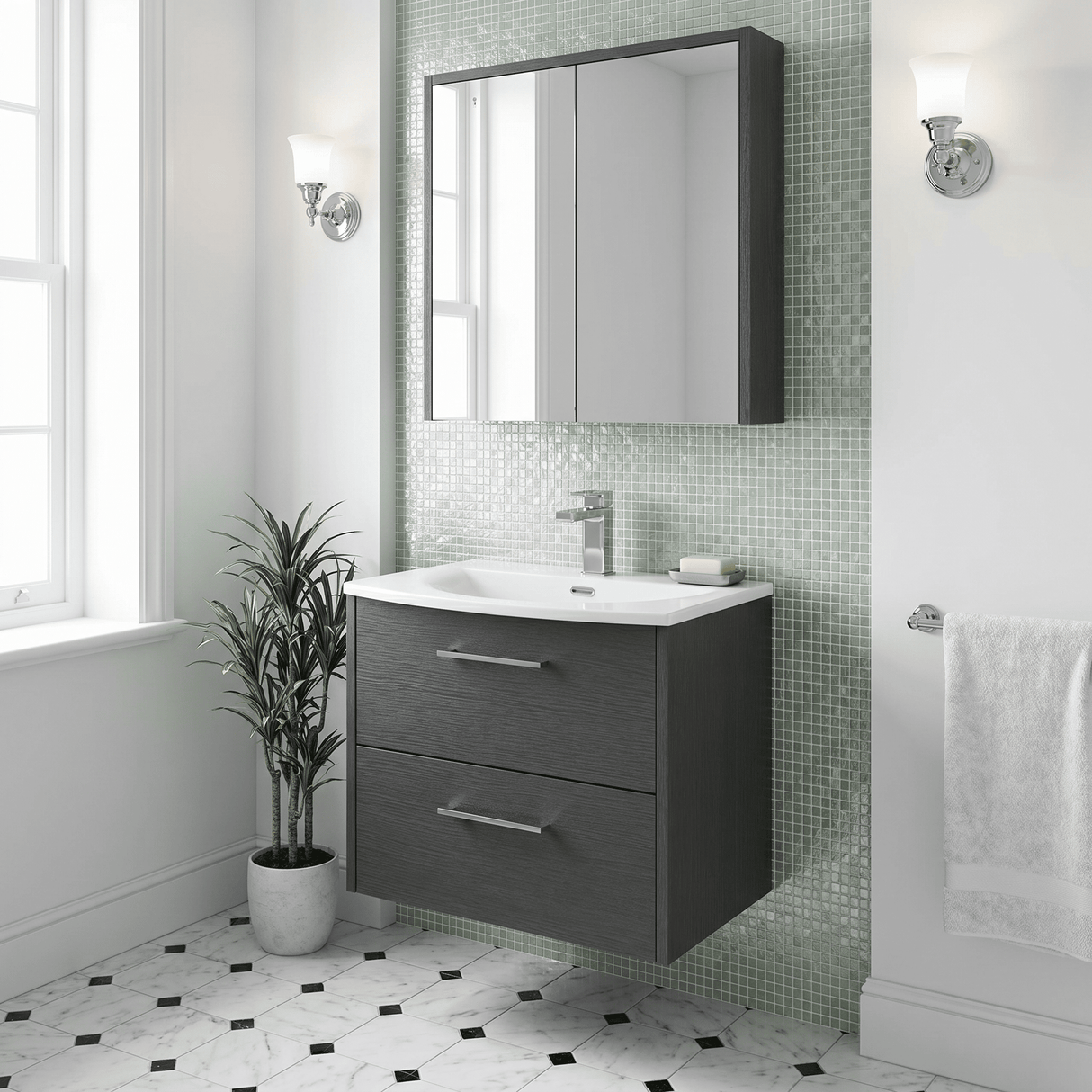 [BFPF2224G] Winshill Contemporary 2 Drawer Wall Hung Vanity Unit with Curved Basin, Choice of Colour