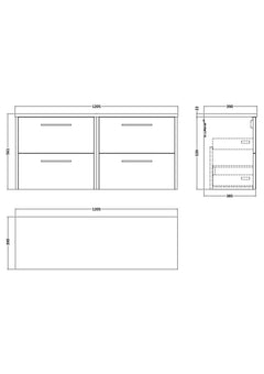 [BFPF2224LBG2] Winshill Contemporary 4 Drawer Wall Hung Vanity Unit with Bellato Grey Laminate Worktop - Choice of Colour - Technical Drawing