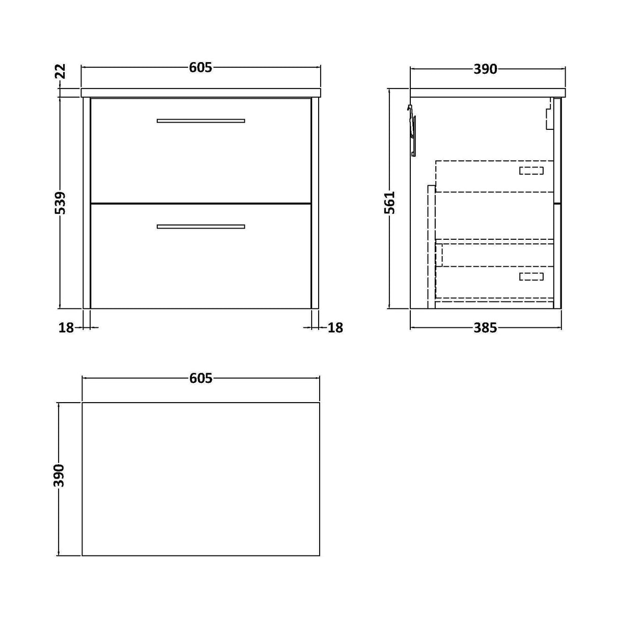 [BFPF2224LBG] Winshill Contemporary 2 Drawer Wall Hung Vanity Unit with Laminate Worktop - Choice of Size and Colour - Technical Drawing