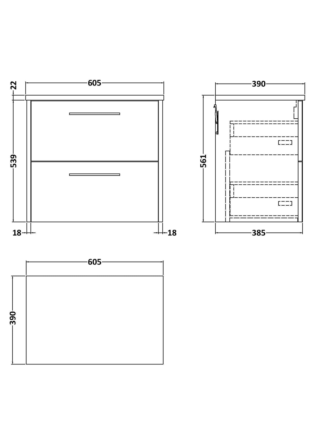 [BFPF2224LCM] Winshill Contemporary 2 Drawer Wall Hung Vanity Unit with Carrera Marble Laminate Worktop - Choice of Colour - Technical Drawing