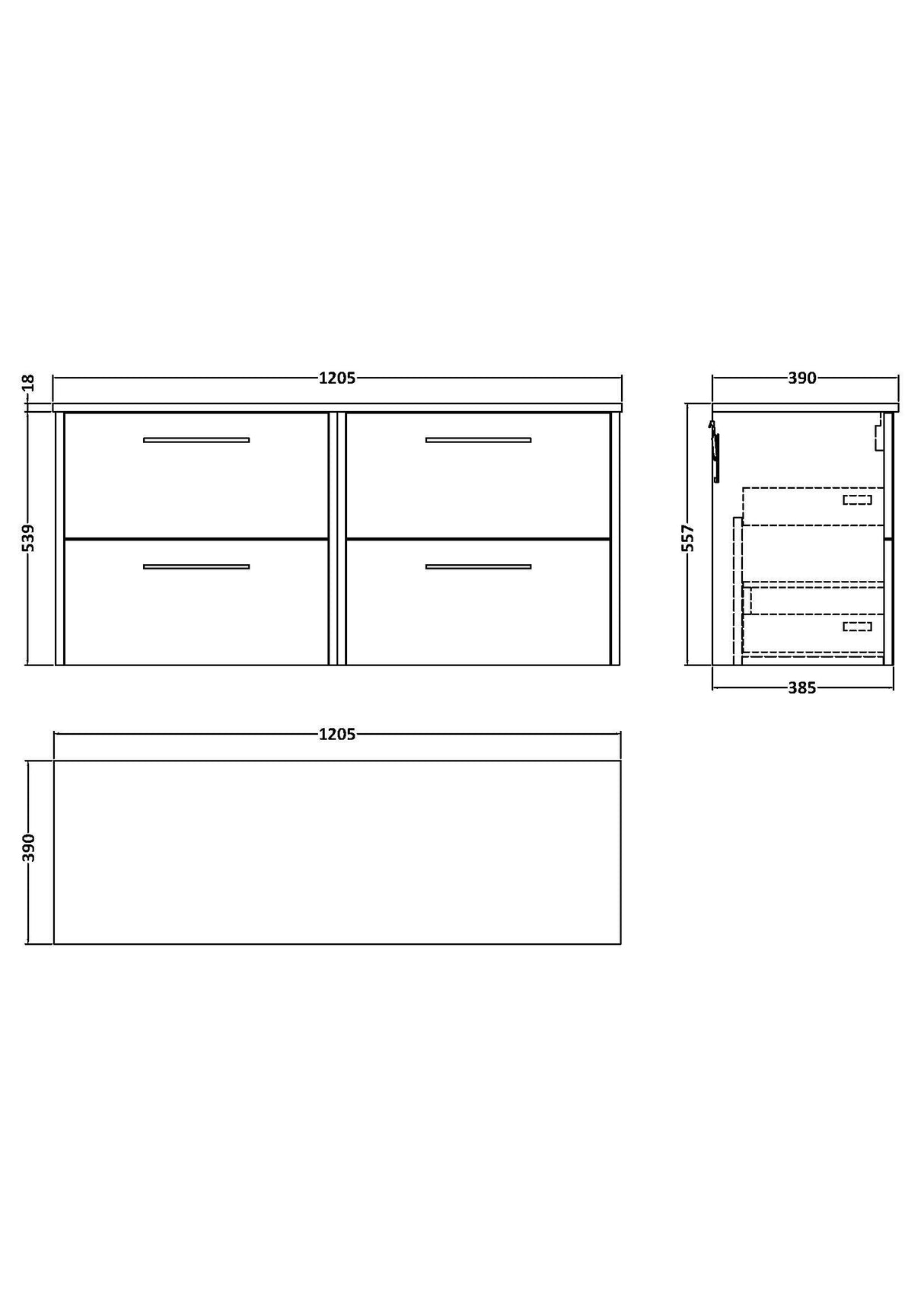 [BFPF2224W2] Winshill Contemporary 4 Drawer 1200mm Wall Hung Vanity Unit with Worktop - Choice of Colour - Technical Drawing