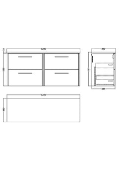 [BFPF2224W2] Winshill Contemporary 4 Drawer 1200mm Wall Hung Vanity Unit with Worktop - Choice of Colour - Technical Drawing