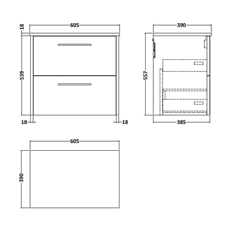 [BFPF2224W] Winshill Contemporary 2 Drawer Wall Hung Vanity Unit with Worktop, Woodgrain Dark Grey, 600mm - Technical Drawing