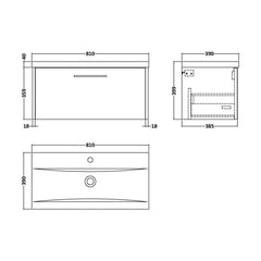 [BFPF2225A] Winshill Contemporary 1 Drawer Wall Hung Vanity Unit with Mid-Edge Basin, Woodgrain Dark Grey, 800mm - Technical Drawing