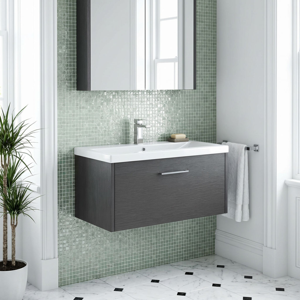 [BFPF2225A] Winshill Contemporary 1 Drawer Wall Hung Vanity Unit with Mid-Edge Basin - Choice of Size and Colour