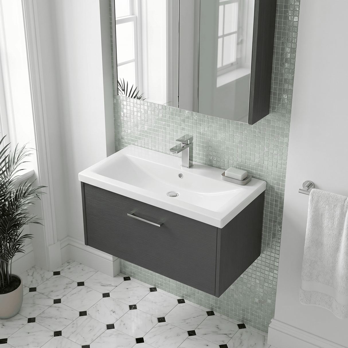 [BFPF2225A] Winshill Contemporary 1 Drawer Wall Hung Vanity Unit with Mid-Edge Basin - Choice of Size and Colour