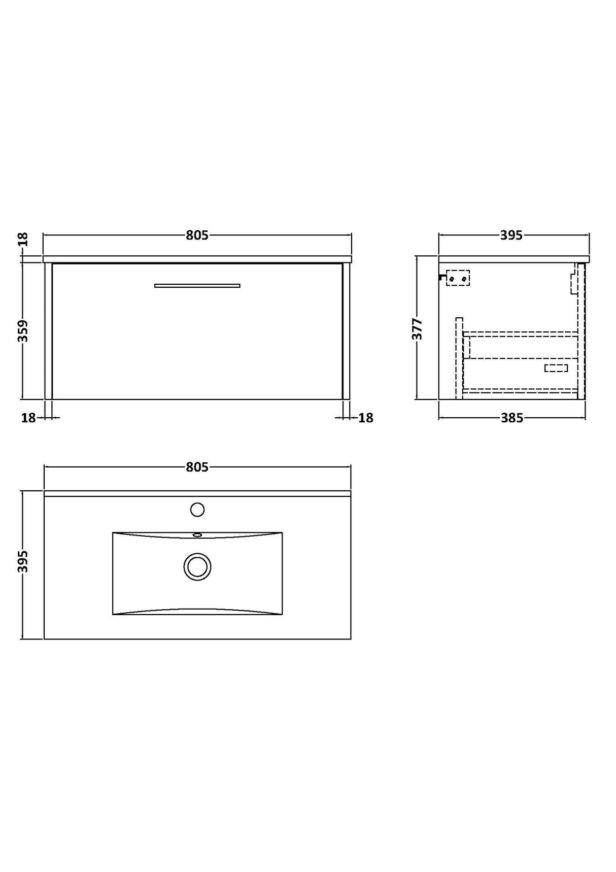 [BFPF2225B] Winshill Wall Hung 1 Drawer Vanity Unit with 1 Tap Hole Minimalist Basin, Choice of Size and Colour - Technical Drawing