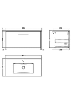 [BFPF2225B] Winshill Wall Hung 1 Drawer Vanity Unit with 1 Tap Hole Minimalist Basin, Choice of Size and Colour - Technical Drawing