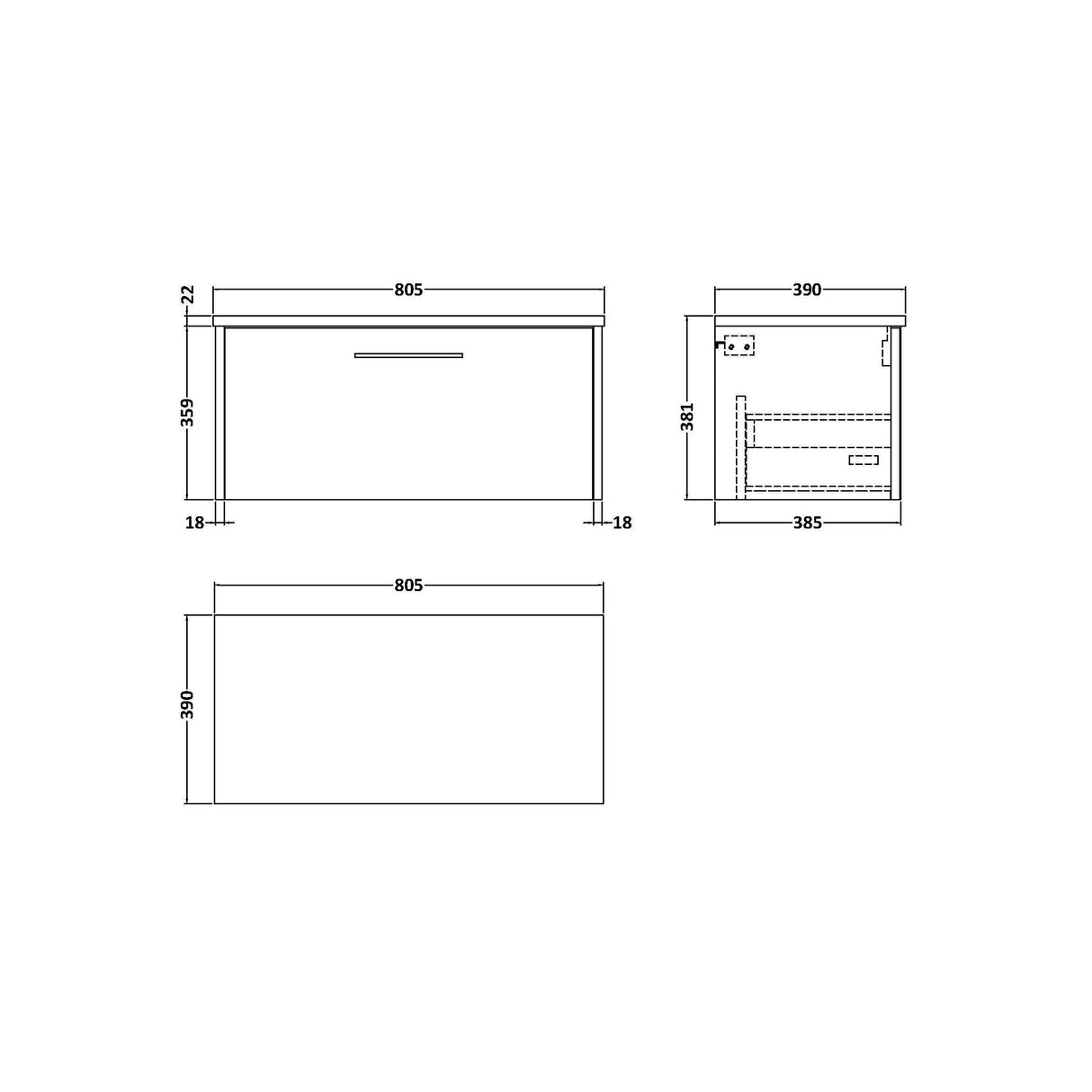 [BFPF2225LCM] Winshill Contemporary 1 Drawer Wall Hung Vanity Unit with Carrera Marble Laminate Worktop - Choice of Size and Colour - Technical Drawing