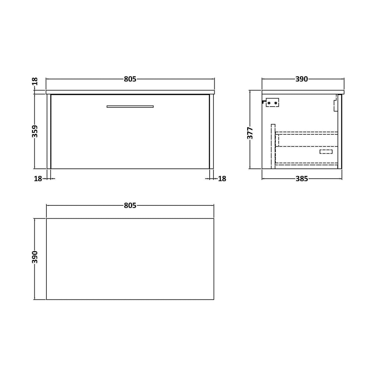 [BFPF2225W] Winshill Contemporary 1 Drawer Wall Hung Vanity Unit with Worktop, Woodgrain Dark Grey, 800mm - Technical Drawing