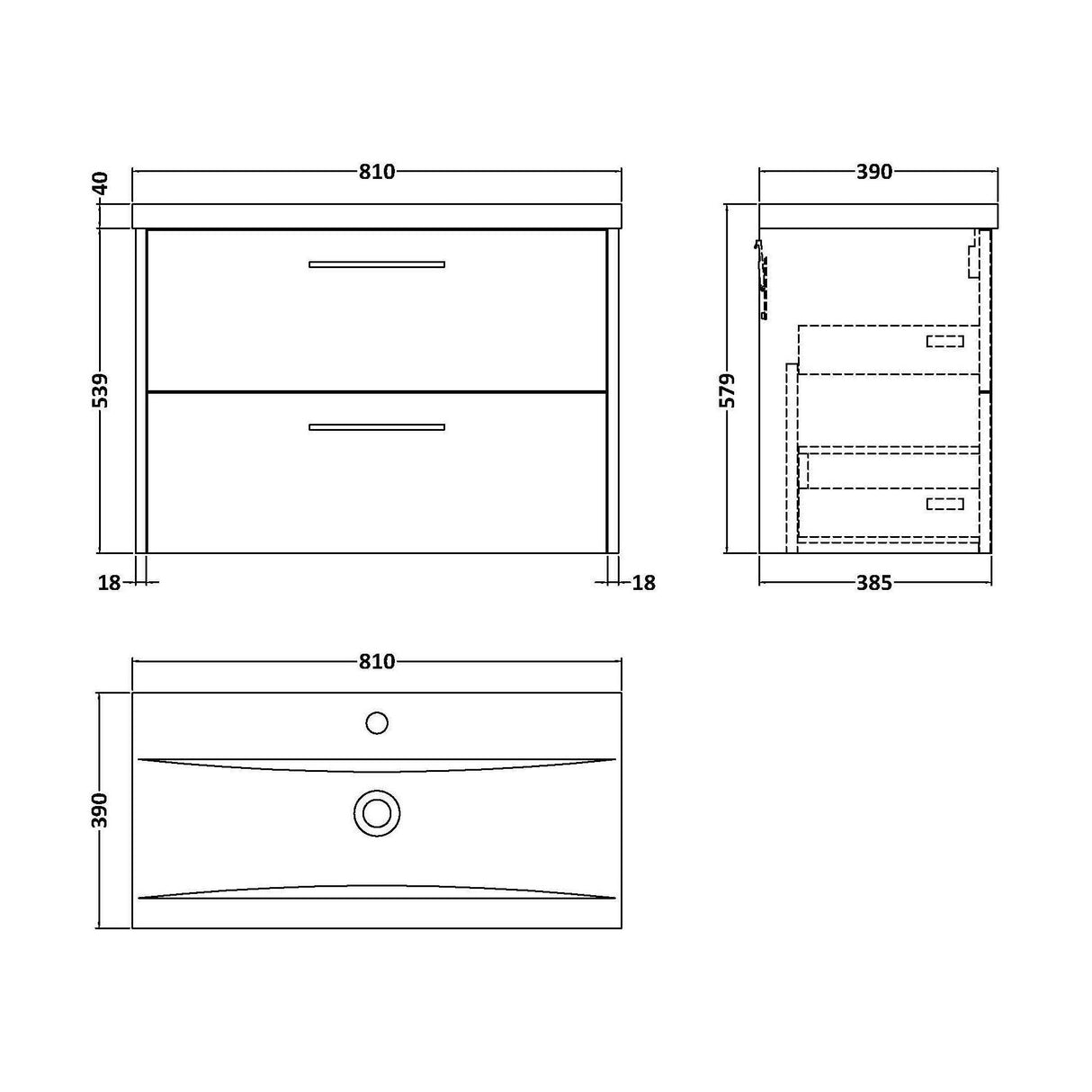 [BFPF2226A] Winshill Contemporary 2 Drawer Wall Hung Vanity Unit with Mid-Edge Basin, Woodgrain Dark Grey, 800mm - Technical Drawing