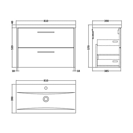[BFPF2226A] Winshill Contemporary 2 Drawer Wall Hung Vanity Unit with Mid-Edge Basin, Woodgrain Dark Grey, 800mm - Technical Drawing