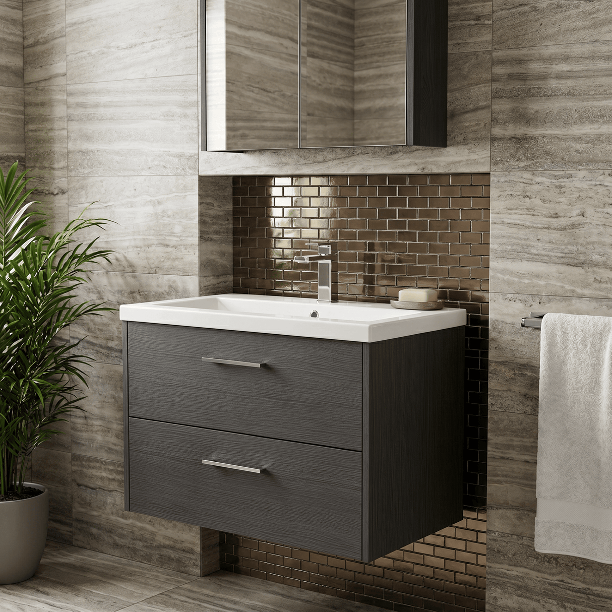 [BFPF2226A] Winshill Contemporary 2 Drawer Wall Hung Vanity Unit with Mid-Edge Basin - Choice of Size and Colour