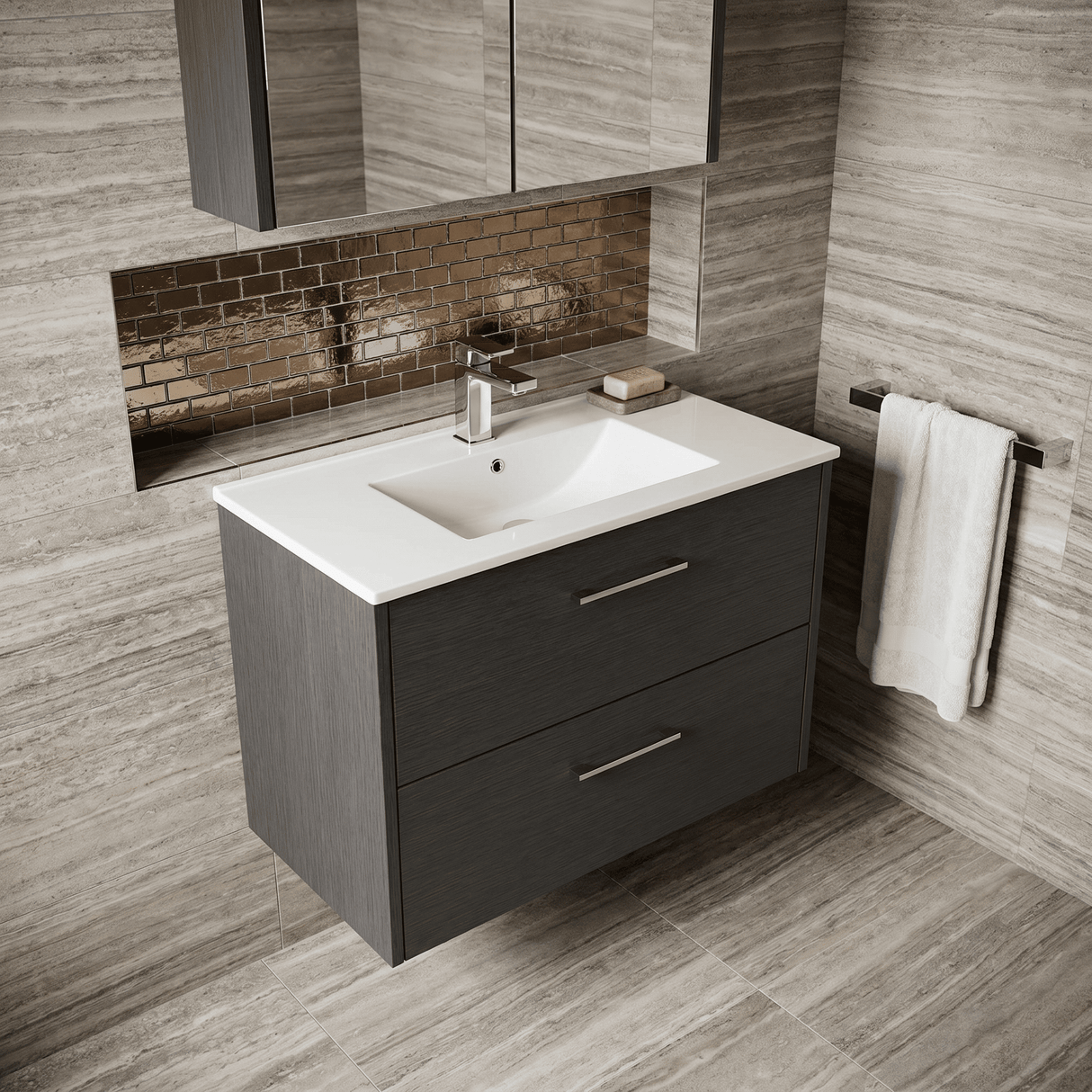 [BFPF2226B] Winshill Contemporary 2 Drawer Wall Hung Vanity Unit with Minimalist Basin, Choice of Size and Colour
