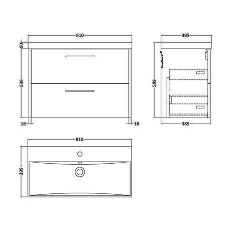 [BFPF2226D] Winshill Contemporary 2 Drawer Wall Hung Vanity Unit with Thin Edge Basin, Woodgrain Dark Grey, 800mm - Technical Drawing