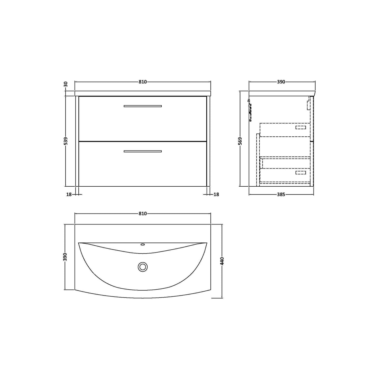 [BFPF2226G] Winshill Contemporary 2 Drawer Wall Hung Vanity Unit with Curved Basin, Choice of Colour - Technical Drawing
