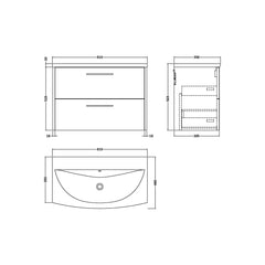 [BFPF2226G] Winshill Contemporary 2 Drawer Wall Hung Vanity Unit with Curved Basin, Choice of Colour - Technical Drawing