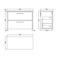 [BFPF2226LBG] Winshill Contemporary 2 Drawer Wall Hung Vanity Unit with Laminate Worktop - Choice of Size and Colour - Technical Drawing