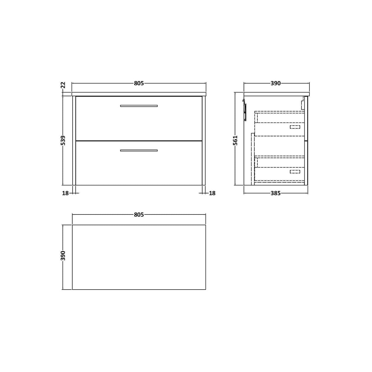 [BFPF2226LCM] Winshill Contemporary 2 Drawer Wall Hung Vanity Unit with Laminate Worktop, 800mm, Choice of Colour - Technical Drawing