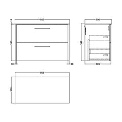 [BFPF2226W] Winshill Contemporary 2 Drawer Wall Hung Vanity Unit with Worktop - Choice of Size and Colour - Technical Drawing
