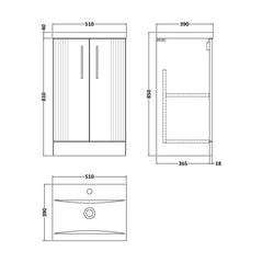 [BFPF223A] Belvide Partial Fluted 2 Door Floor Standing Vanity Unit with Mid-Edge 1 Tap Hole Ceramic Basin - Technical Drawing