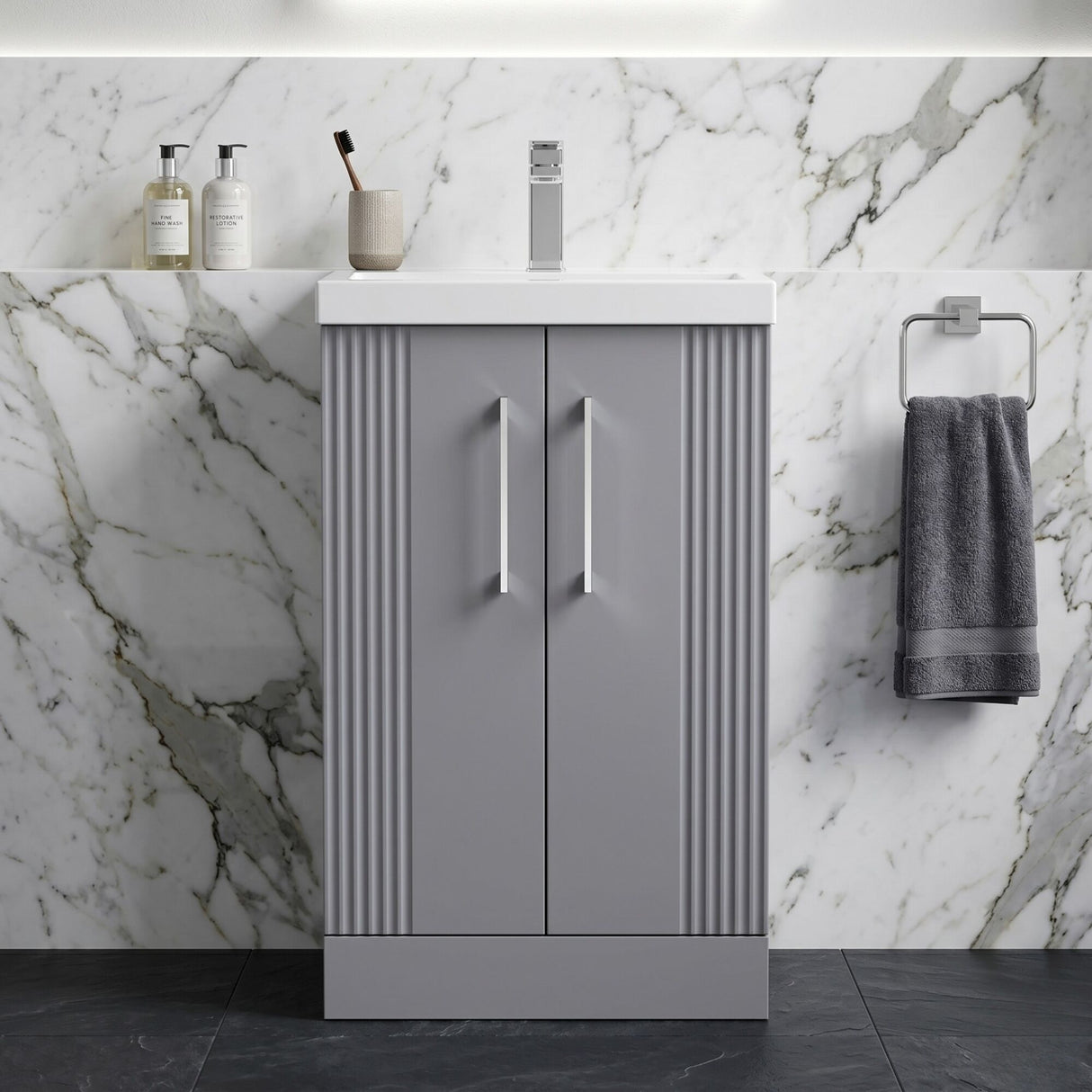 [BFPF223A] Belvide Partial Fluted 2 Door Floor Standing Vanity Unit with Mid-Edge 1 Tap Hole Ceramic Basin - Silo