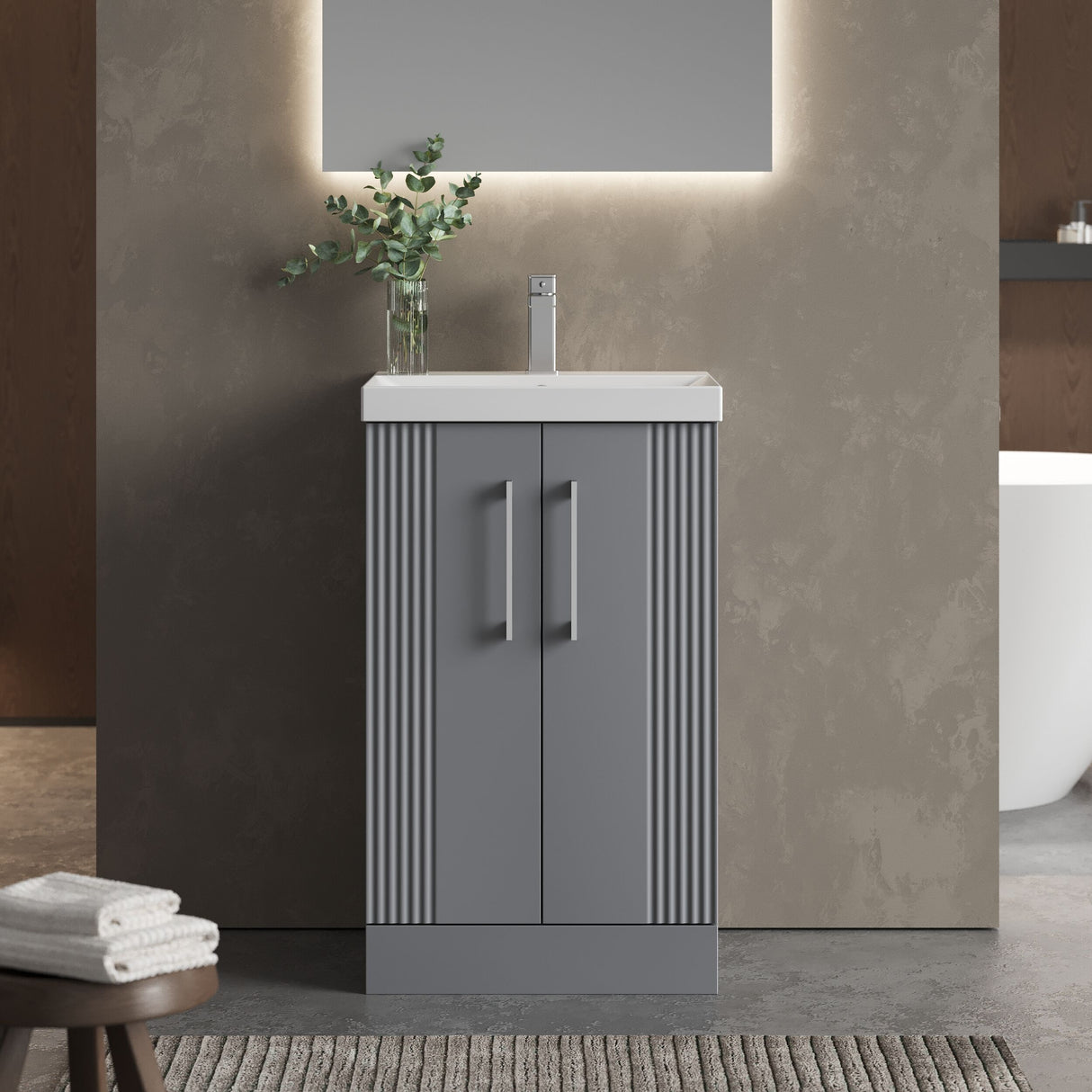 [BFPF223D] Belvide Retro Partial Fluted 2 Door Floor Standing Vanity Basin Unit with Thin-Edge Basin, Choice of Size and Colour - Lifestyle 1