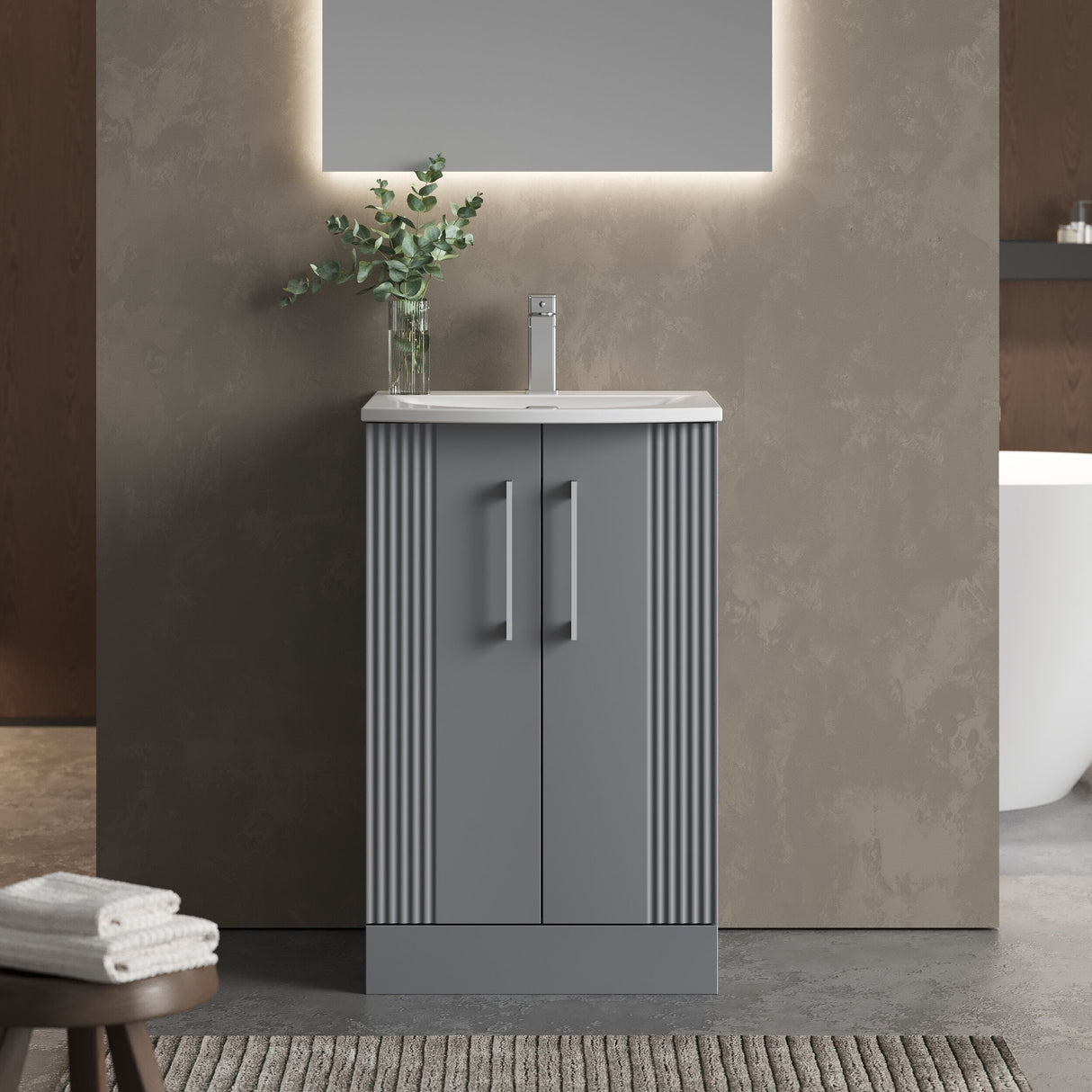 [BFPF223G] Belvide Retro Partial Fluted 2 Door Floor Standing Vanity Basin Unit with Curved Basin, Choice of Size and Colour - Lifestyle 1