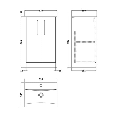 [BFPF2301A] Winshill Contemporary 2 Door Floor Standing Vanity Unit with Mid-Edge Basin, Grey, 500mm - Technical Drawing