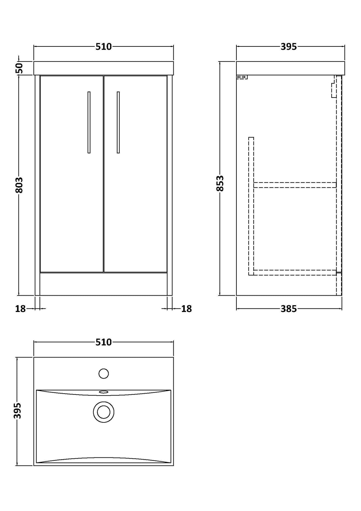 [BFPF2301D] Winshill Contemporary 2 Door Floor Standing Vanity Unit with Thin Edge Basin - Choice of Size and Colour - Technical Drawing