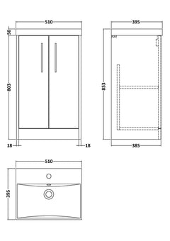 [BFPF2301D] Winshill Contemporary 2 Door Floor Standing Vanity Unit with Thin Edge Basin - Choice of Size and Colour - Technical Drawing