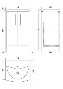[BFPF2301G] Winshill Contemporary 2 Door Floor Standing Vanity Unit with Curved Basin - Choice of Size and Colour - Technical Drawing