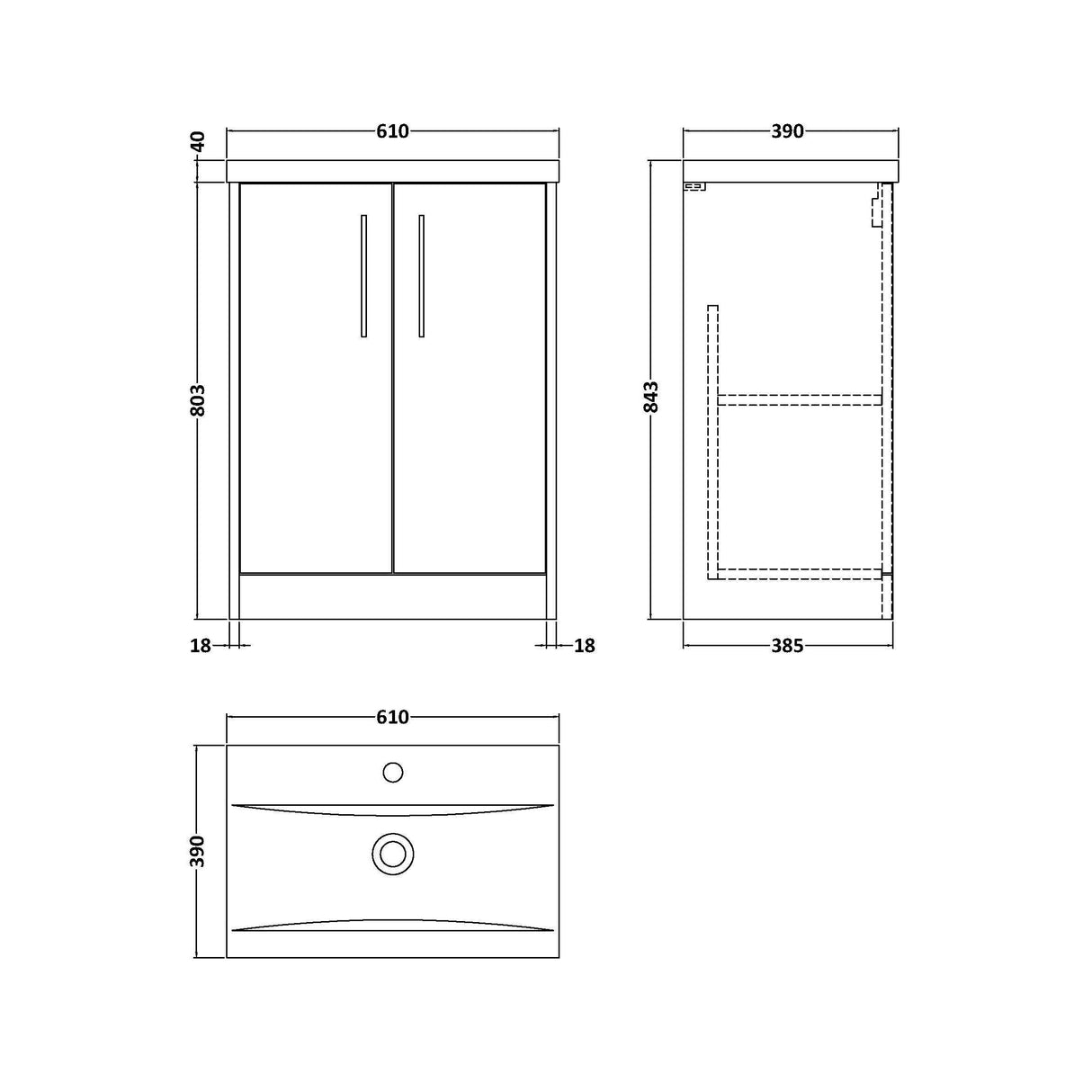 [BFPF2303A] Winshill Contemporary 2 Door Floor Standing Vanity Basin Unit with Mid-Edge Basin, Choice of Size and Colour - Technical Drawing