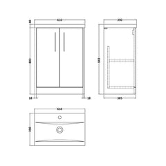 [BFPF2303A] Winshill Contemporary 2 Door Floor Standing Vanity Basin Unit with Mid-Edge Basin, Choice of Size and Colour - Technical Drawing