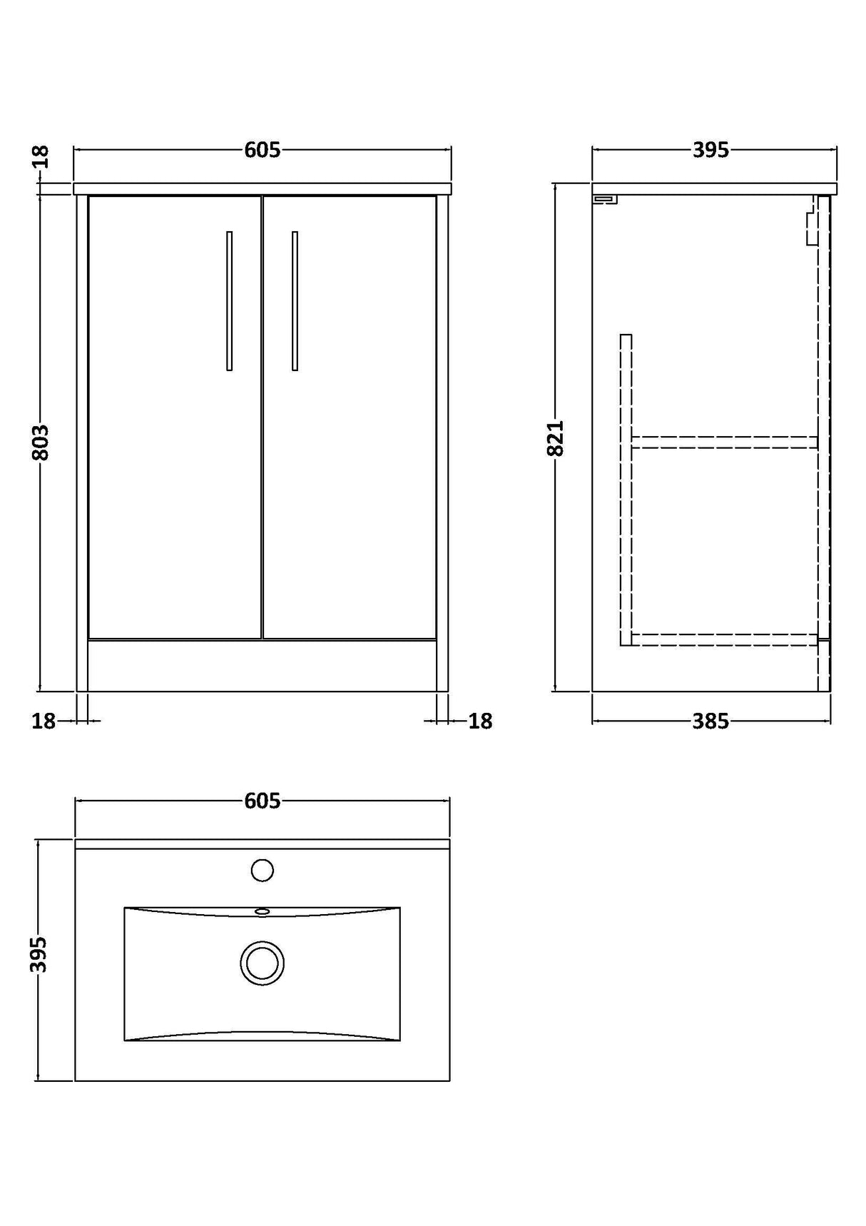 [BFPF2303B] Winshill Contemporary 2 Door Floor Standing Vanity Unit with Minimalist Basin - Choice of Size and Colour - Technical Drawing