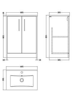 [BFPF2303B] Winshill Contemporary 2 Door Floor Standing Vanity Unit with Minimalist Basin - Choice of Size and Colour - Technical Drawing
