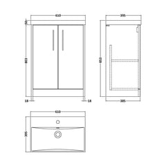 [BFPF2303D] Winshill Contemporary 2 Door Floor Standing Vanity Unit with Thin Edge Basin - Choice of Size and Colour - Technical Drawing