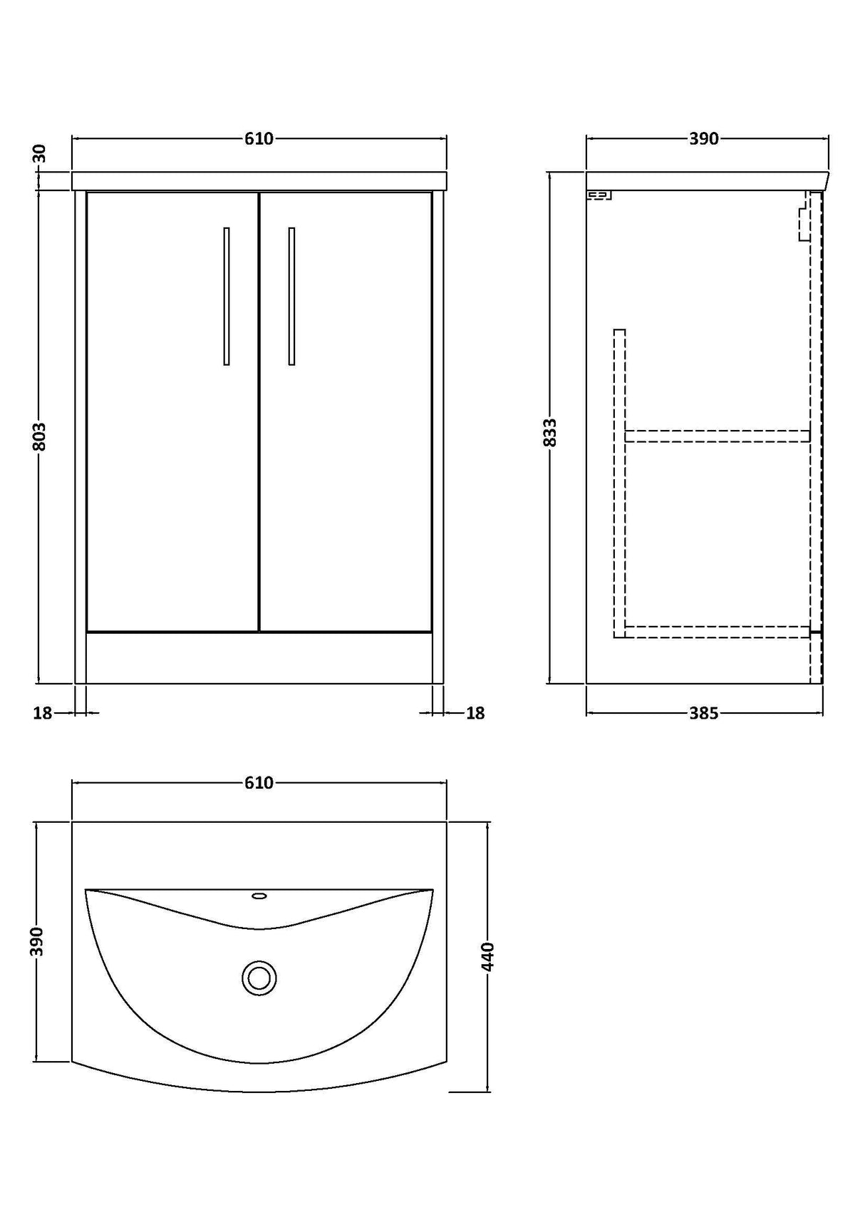 [BFPF2303G] Winshill Contemporary 2 Door Floor Standing Vanity Unit with Curved Basin - Choice of Size and Colour - Technical Drawing