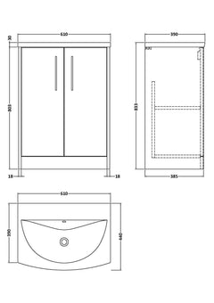 [BFPF2303G] Winshill Contemporary 2 Door Floor Standing Vanity Unit with Curved Basin - Choice of Size and Colour - Technical Drawing