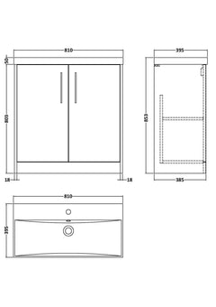 [BFPF2305D] Winshill Contemporary 2 Door Floor Standing Vanity Unit with Thin Edge Basin - Choice of Size and Colour - Technical Drawing