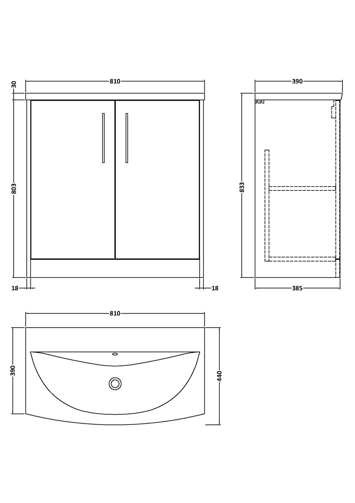 [BFPF2305G] Winshill Contemporary 2 Door Floor Standing Vanity Unit with Curved Basin - Choice of Size and Colour - Technical Drawing