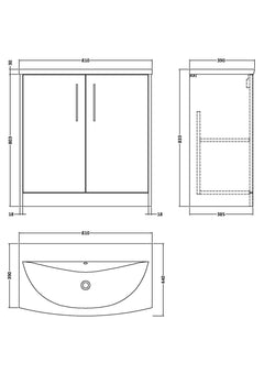 [BFPF2305G] Winshill Contemporary 2 Door Floor Standing Vanity Unit with Curved Basin - Choice of Size and Colour - Technical Drawing