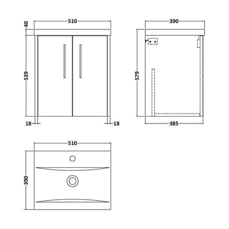 [BFPF2321A] Winshill Contemporary 2 Door Wall Hung Vanity Unit with Mid-Edge Basin, Grey, 500mm - Technical Drawing