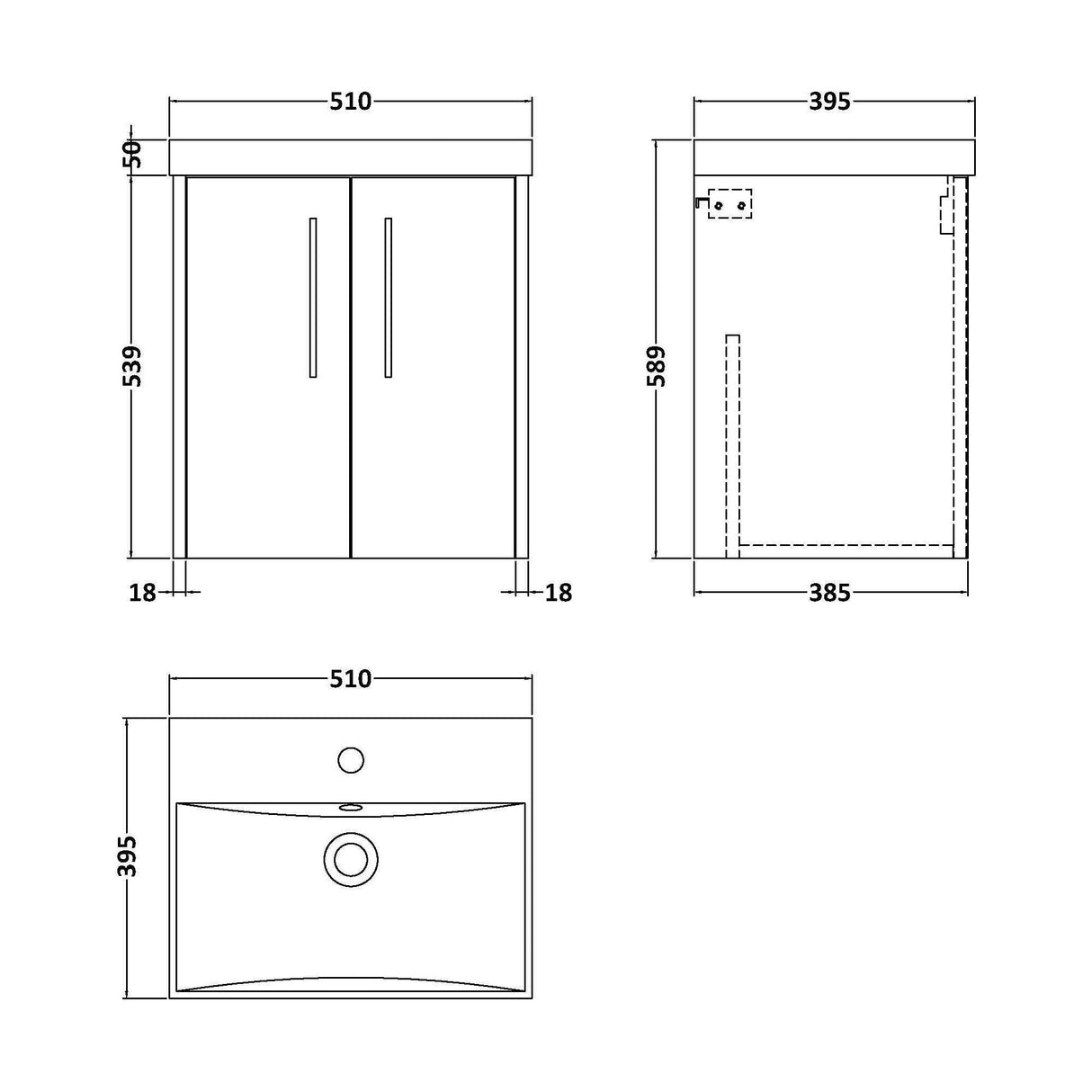 [BFPF2321D] Winshill Contemporary 2 Door Wall Hung Vanity Unit with Thin Edge Basin - Choice of Size and Colour - Technical Drawing