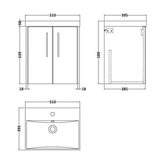 [BFPF2321D] Winshill Contemporary 2 Door Wall Hung Vanity Unit with Thin Edge Basin - Choice of Size and Colour - Technical Drawing