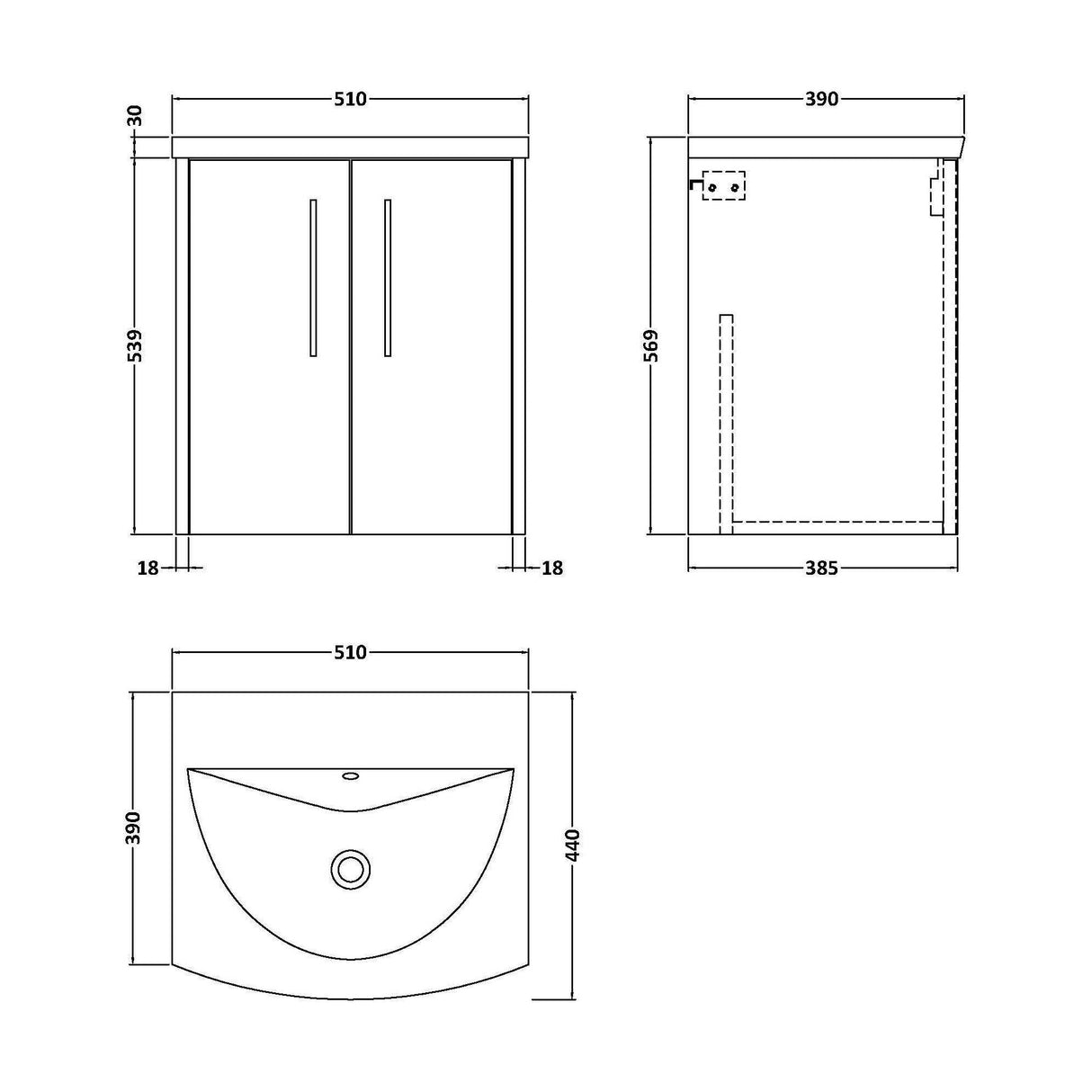 [BFPF2321G] Winshill Contemporary 2 Door Wall Hung Vanity Unit with Curved Basin - Choice of Size and Colour - Technical Drawing