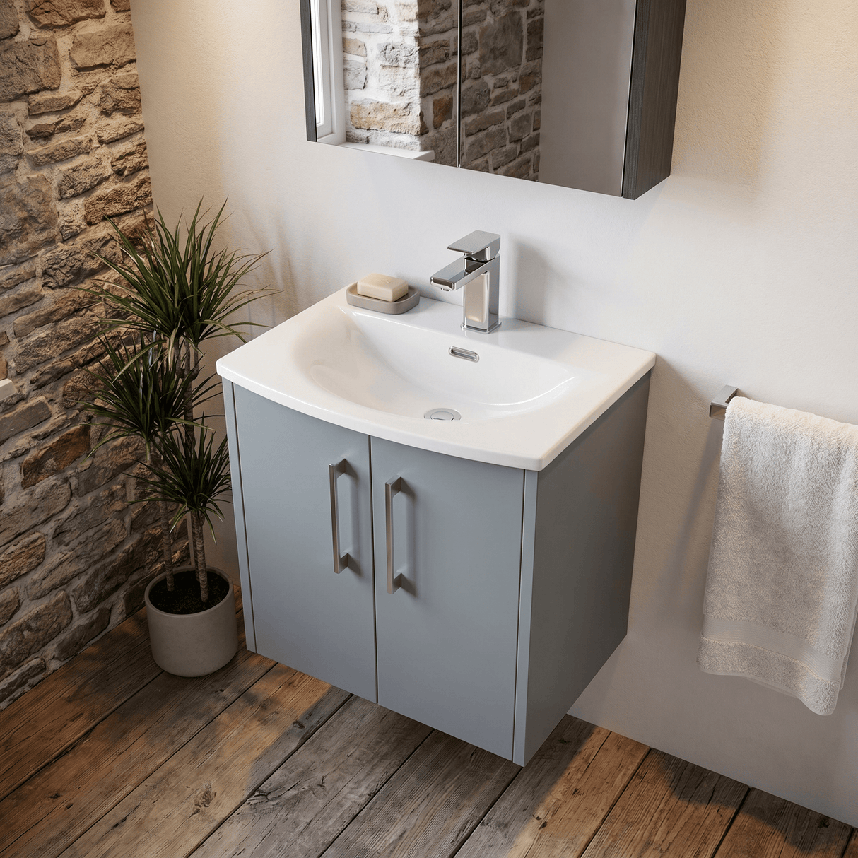 [BFPF2321G] Winshill Contemporary 2 Door Wall Hung Vanity Unit with Curved Basin - Choice of Size and Colour