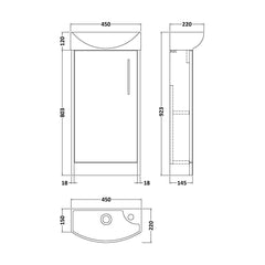 [BFPF2321L] Winshill Contemporary 1 Door Floor Standing Cloakroom Vanity Unit with Basin - Choice of Orientation and Colour - Technical Drawing