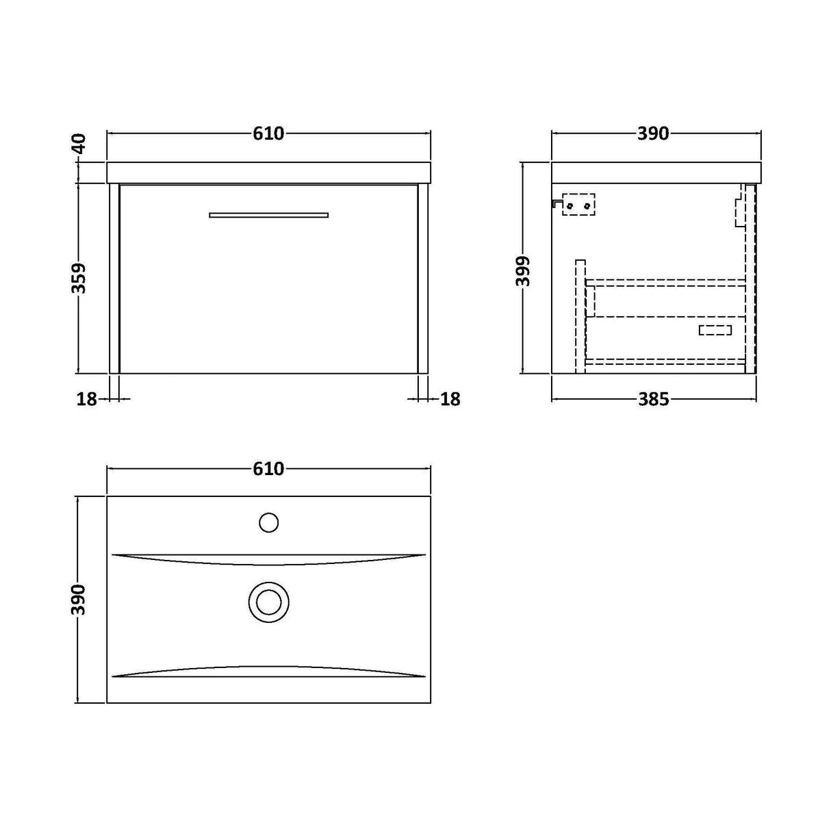 [BFPF2322A] Winshill Contemporary 1 Drawer Wall Hung Vanity Unit with Mid-Edge Basin - Choice of Size and Colour - Technical Drawing